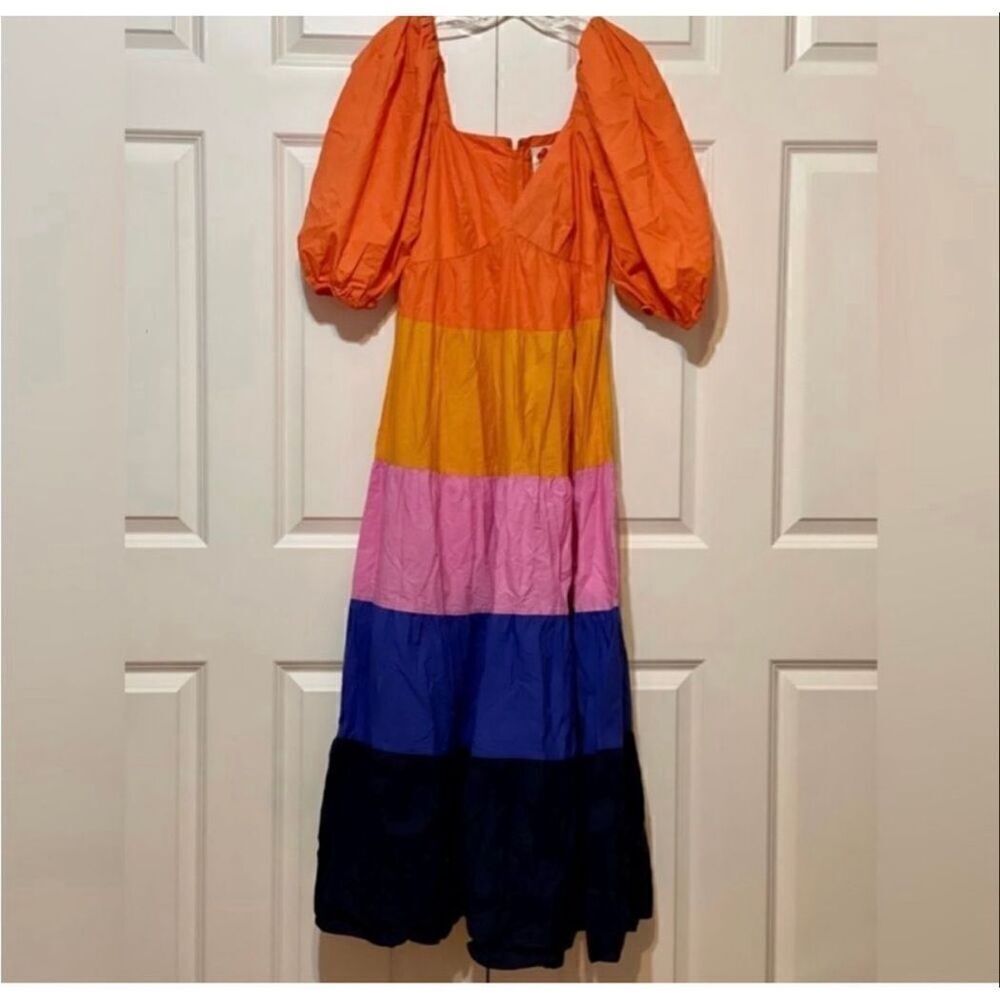 Anthropologie Farm Rio Size S Puff Sleeve Tiered Maxi Dress Colorblock Stripe - Picture 11 of 15